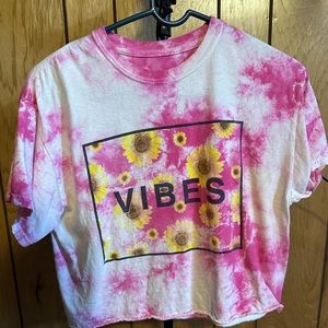 Pink and white tie dye shirt “vibes” crop top
